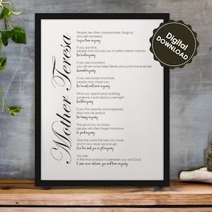 Mother Teresa Quote, Do It Anyway, Christian Wall Art Quote, Family Rules Poster, Inspirational Sign Ready to Print Digital Downloads