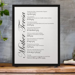 Mother Teresa Quote, Do It Anyway, Christian Wall Art Quote, Family Rules Poster, Inspirational Sign Premium Matte Poster
