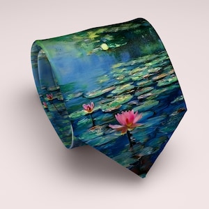 Monet Water Lilies Tie, Art Necktie, Claude Monet Lily Pond Tie, Floral Tie, Vibrant Blue Green Necktie, Elegant Painterly Men’s Gift