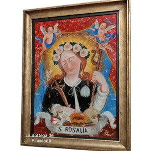 Painting on Glass, Santa Rosalia with cherubs, Sicilian Sacred Popular Art, Pincisanti, in Santuzza di Palermo, sacred image under glass cm70x50