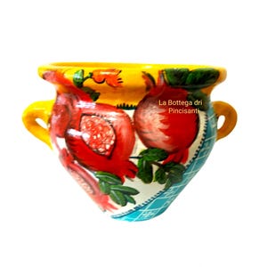 Bloempot, terracotta amfora met granaatappels en handgeschilderde bloemmotieven, glanzende afwerking, diameter 22 cm, hoogte 18 cm