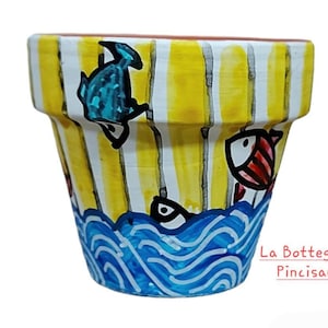 Terrakottavase, Pflanzgefäß mit handbemalten Fischen und Meeresmotiven, sizilianische Handwerkskunst. Einzigartiges Kunstwerk für Taufen, Geburten und Schulabschlüsse.
