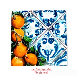 Placemat, Hand painted wooden frame. Citrus fruits, majolica and typical Sicilian designs. A corner of Sicily on your table