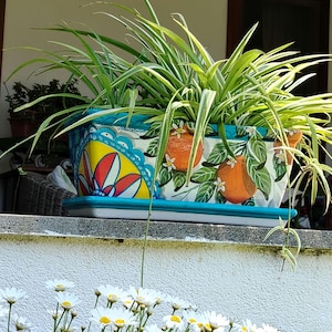 Rectangular terracotta planter with oranges and hand-painted Sicilian designs, Unique art for your balcony, garden, terrace,