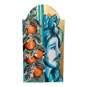 Moro's hoofd met sinaasappels - Handgeschilderd schilderij op hout, elegantie voor uw huis, cadeau-idee voor Siciliaanse vrienden 45x25 cm