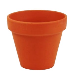 Può includere: Un piccolo vaso di fiori in terracotta di colore terracotta. Il vaso è in argilla e ha una finitura liscia e non smaltata.