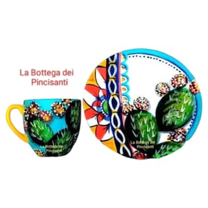 Mok Sicilië koffiekop en schotel handgedecoreerd met typisch Siciliaanse motieven en cactusvijgen
