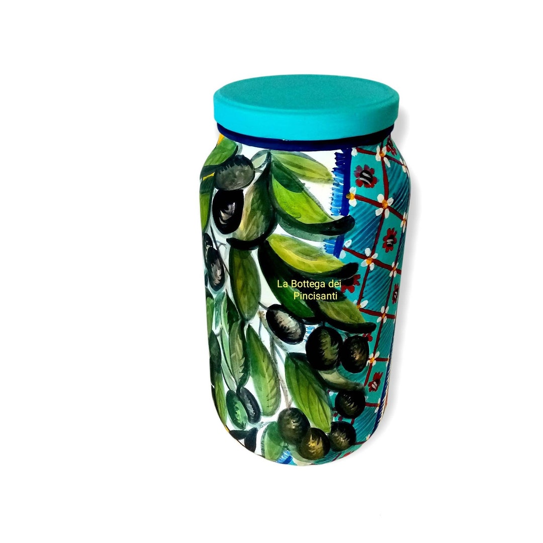Handpainted Glass Jar With Typical Sicilian Designs and Olives H 26 Cm