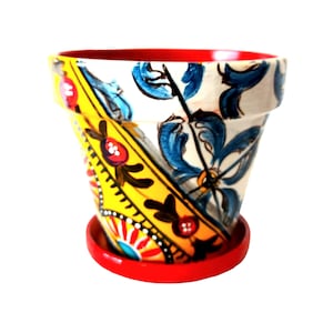 Terracotta planter with hand-painted Sicilian majolica and designs, unique art for your succulents, birthday gift