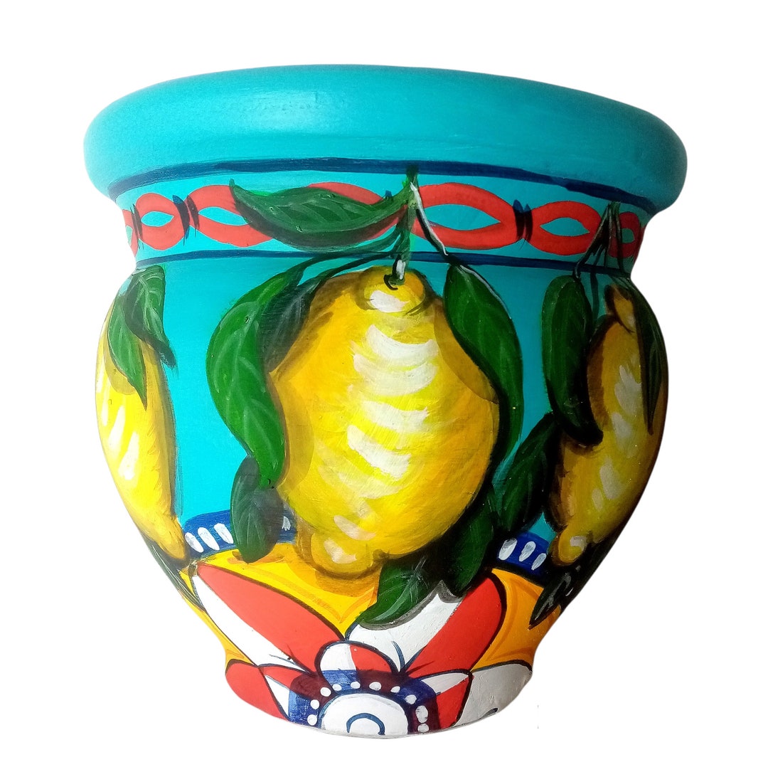Cachepot, Terracotta Planter, With Lemons and Hand-painted Sicily