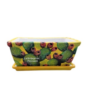 May include: Yellow rectangular ceramic planter with a matching saucer. The planter features green cactus shapes and red fruit on a yellow background. The text "La Bottega dei Pincisanti" is visible on the front.