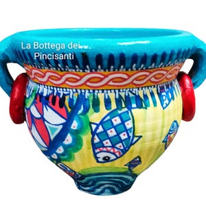 Vase with hand painted fish, terracotta vase Sicilian craftsmanship, Unique art for your garden, gift for mom. D. 24 H 22 cm