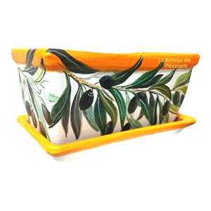 Rectangular terracotta planter with hand-painted olives, Sicilian craftsmanship. Unique art to beautify the garden, a gift for friends.