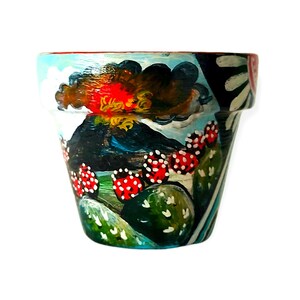 Terrakotta-Vase, Pflanzgefäß mit Feigenkaktusmotiven, Ätna-Vulkan und handbemalten sizilianischen Mustern, glänzende Oberfläche