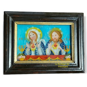 Dipinto Religioso su Vetro fatto a mano, Sacro Cuore di Gesù e Maria, Sicilia Arte Popolare Sacra, Pincisanti, Vintage, cm 38x30x2,5