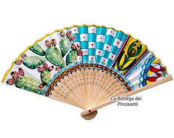 Hand painted fan - Prickly pears and Sicily drawings