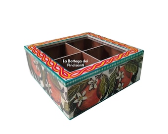Oranges, Wooden box with glass lid, Coffee box, jewelry and object box, hand painted container.