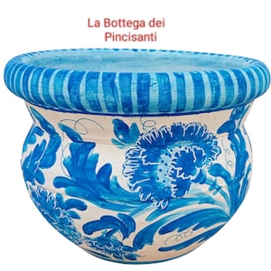 Cachepot, terracotta planter with hand-painted blue flowers, glossy finish. Diameter 27 cm, height 21 cm.