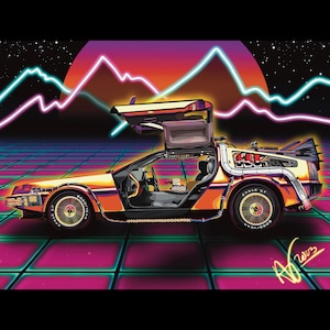 May include: Illustration of a DeLorean time machine with gull-wing doors open, set against a retro 80s background. The car is orange and silver, with the Goodyear Eagle GT tires visible. The background features neon lines, a grid, and a colorful sunset.