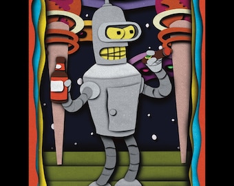 Lámina artística de Bender de Futurama / Decoración de robot de dibujos animados retro / Ilustración colorida de ciencia ficción y comedia