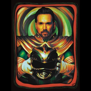 May include: A green and gold Power Ranger costume with a black helmet and a swirling background.