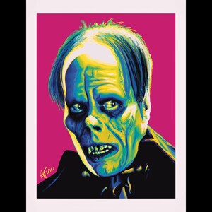 May include: A digital illustration of a man's face with a disfigured nose and mouth. The face is rendered in a pop art style with bright colors, including green, blue, and yellow. The background is a solid pink.