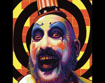 Lámina artística del Capitán Spaulding / Retrato de payaso de terror de Rob Zombie / Decoración retro espeluznante / Ilustración colorida
