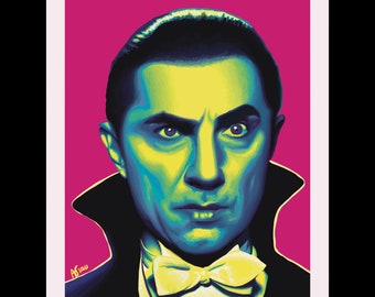 Lámina artística de Drácula / Retrato de Bela Lugosi / Decoración clásica de monstruos de Universal / Ilustración retro de terror neón