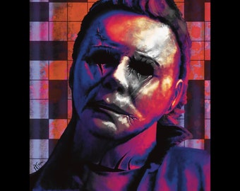 Michael Myers Halloween Kunstdruck | Slasher Film Porträt | Retro Horror Dekor | Mutige bunte Illustration