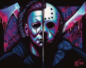 Michael Myers Jason Voorhees art print poster, assorted sizes, bold slasher Halloween poster, Friday the 13th art
