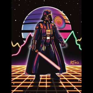 Póster de arte de fantasía espacial del líder Sith del lado oscuro de Darth Vader, póster de onda sintética de Outrun
