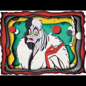 May include: A cartoon illustration of Cruella de Vil, a character from the Disney film 101 Dalmatians, in a paper cut-out style. She is wearing a white fur coat and has black and white hair. She is holding a cigarette in her right hand and has a sly expression on her face. The background is a colorful pattern of circles and swirls.