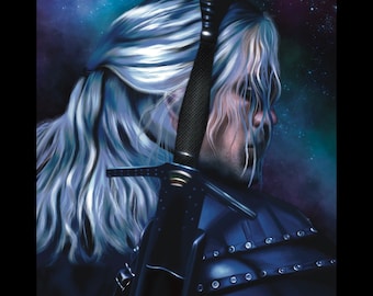 Lámina artística de Geralt de The Witcher / Retrato de Henry Cavill / Decoración de fantasía oscura / Ilustración retro