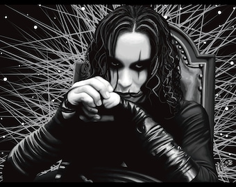 May include: Black and white illustration of a person with dark makeup and long, dark hair, seated in a chair. The person is wearing a black leather-like top and has their hands clasped near their face. The background features a web-like design.