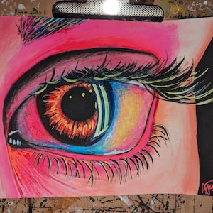 Neon Eye 9 x 12", peinture originale acrylique et aquarelle lumière noire réactive UV
