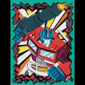 Pode incluir: Um robô de papel vermelho, branco e azul com uma arma na mão. O robô está em pé em frente a um fundo abstrato colorido.