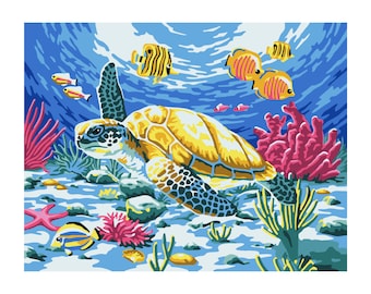 Paint By Number Sea Turtle PDF, For Adults Kids Easy Printable Cute Fish Seascapes Painting By Numbers, Activity At Home, Instant Download