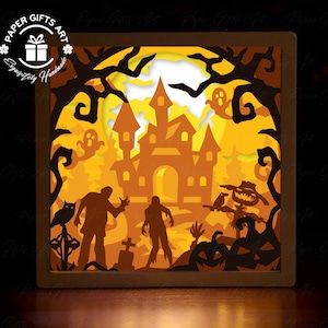 Zombies Halloween 3D - Shadow Box Template - Haunted House - Halloween Light box - Paper Cutting Template File - SVG Files
