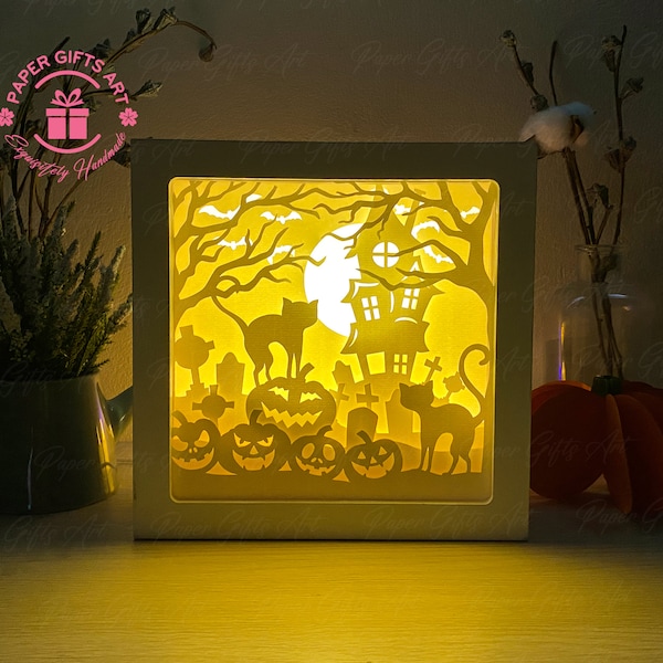 Black Cat Halloween Pumpkin 3D Shadow box Template, Halloween Paper Cut Light Box, Shadowbox, Cricut cutting files, Digital File