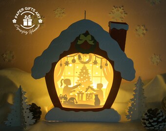 Christmas House Children Open Gift Boxes SVG - Xmas Paper Cutting Template - DIY Lightbox Christmas Ornaments.