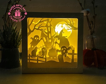 Halloween Witch Ghost Shadow Box Template - Halloween Light box - Paper Cutting Template File - SVG Files