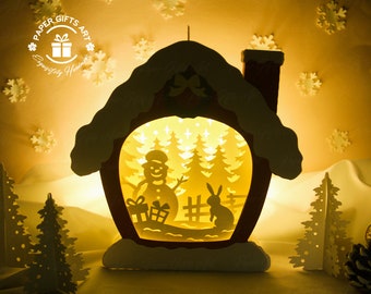 Christmas House Snowman Shadow Box SVG - Xmas Paper Cutting Template - DIY Lightbox Christmas Ornaments