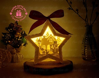 Sneeuwpop ster papier knippen, SVG papier knippen ster sjabloon voor vrolijke kerstversiering, DIY papier lichten, 3d svg pop-up kaart