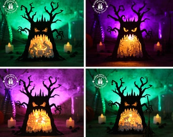 Combo 4 Halloween Ghost Tree Shadow Box SVG - Halloween Papier Snijden Sjabloonbestand - Halloween Pop-up 3D-kaart - Ghost Tree Popup 3D