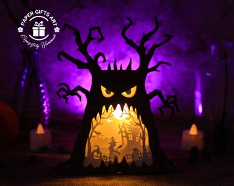 Halloween Ghost Tree Witch Riding Broom - Halloween SVG-bestand - Halloween papier snijden sjabloonbestand