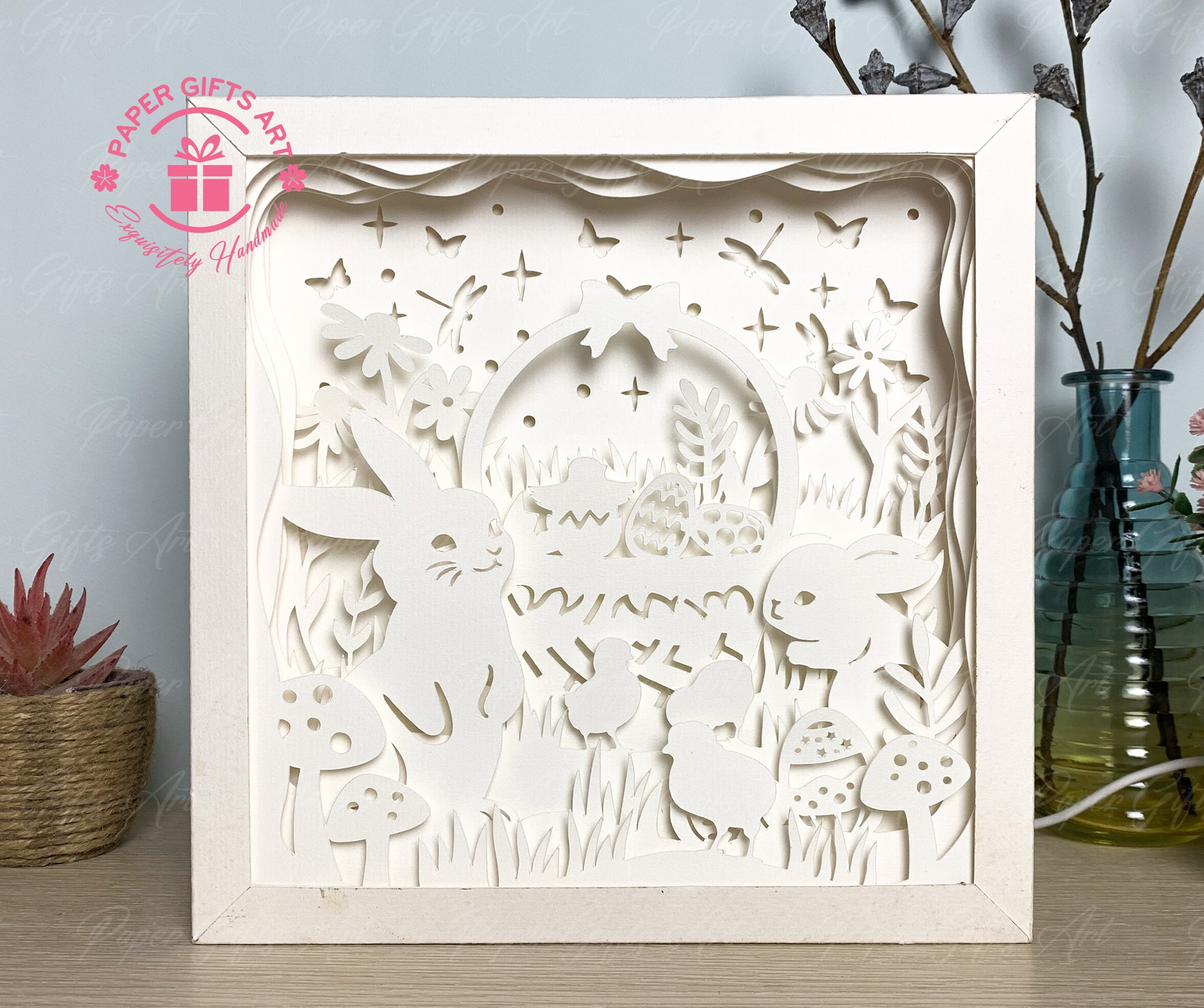 Easter Bunny Eggs Shadow Box [8x8 Inches] - 3D Paper Cut Light Box ...