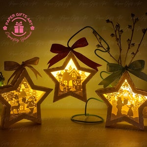 Ensemble 3 étoiles, modèle étoile découpé en papier SVG pour décoration de joyeux Noël, lumières en papier pour travaux manuels, carte popup 3D svg