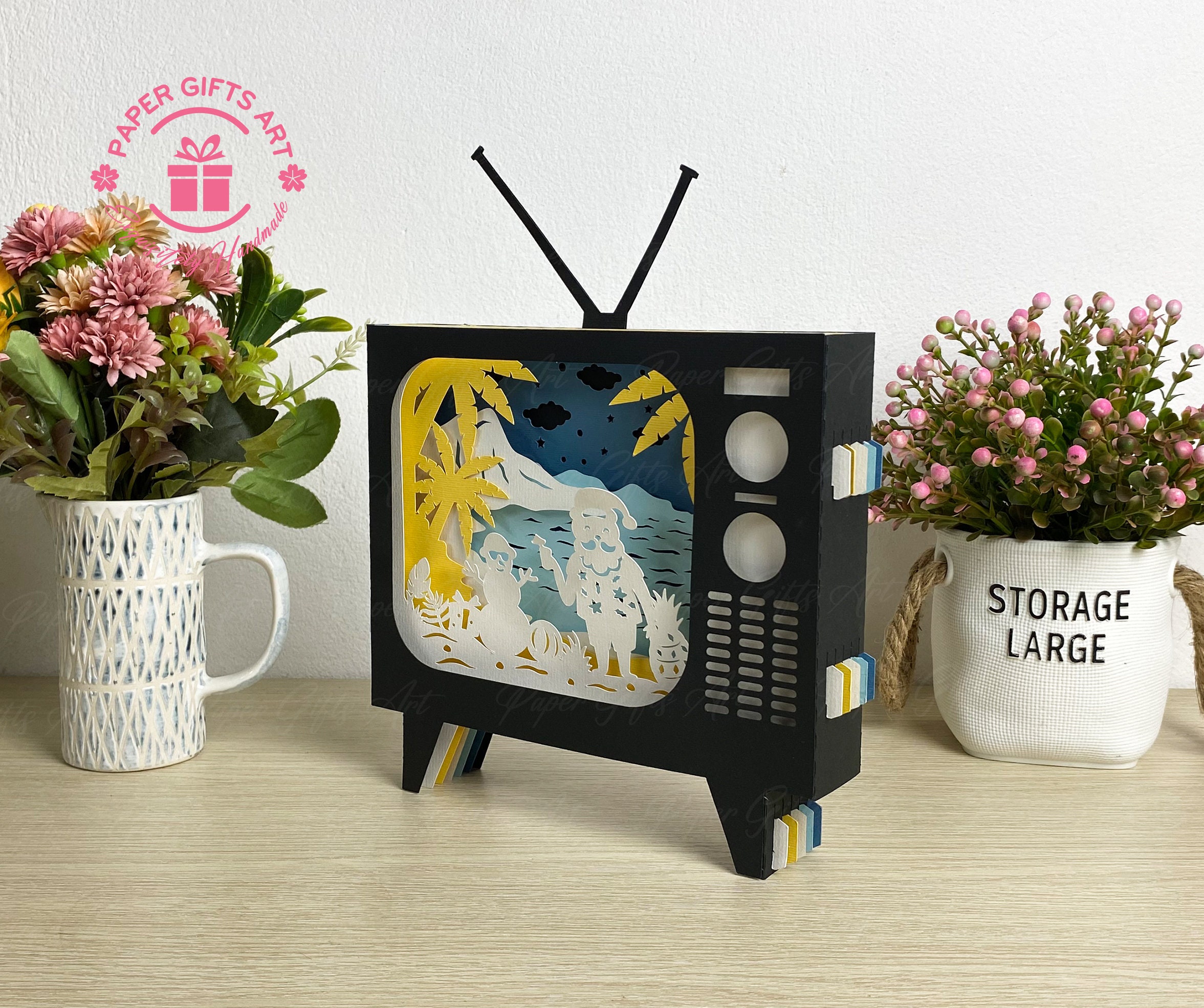 TV Pop up Card Tropical Christmas 3D SVG , Christmas TV Pop up Card, 3D Pop up Card, 3D Gift