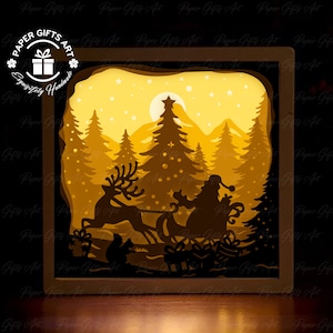 Santa Claus Reindeer Ride Christmas Shadow box - 3D Paper Cut Light Box, Light Box Template,Light Box SVG Digital