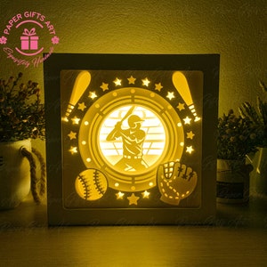 Scatola luminosa da baseball - Modello di scatola per ombre con taglio di carta sportiva - File SVG - Modello digitale - Sillhouette - Fai da te